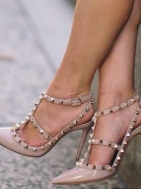 Studded Strappy Pointed-Toe High Heels in Blush